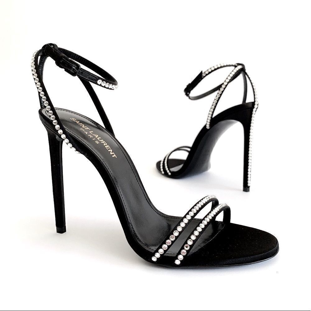 ⭕️ YSL SAINT LAURENT Sandals Crystals Black Robin Heels Designer Shoes